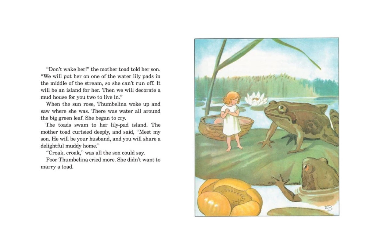 Thumbelina mini children's book illustrated page showing a little girl with large toads
