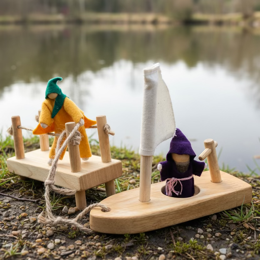 Tree Blocks wooden toy sail boat and dock set with fairy and gnome dolls