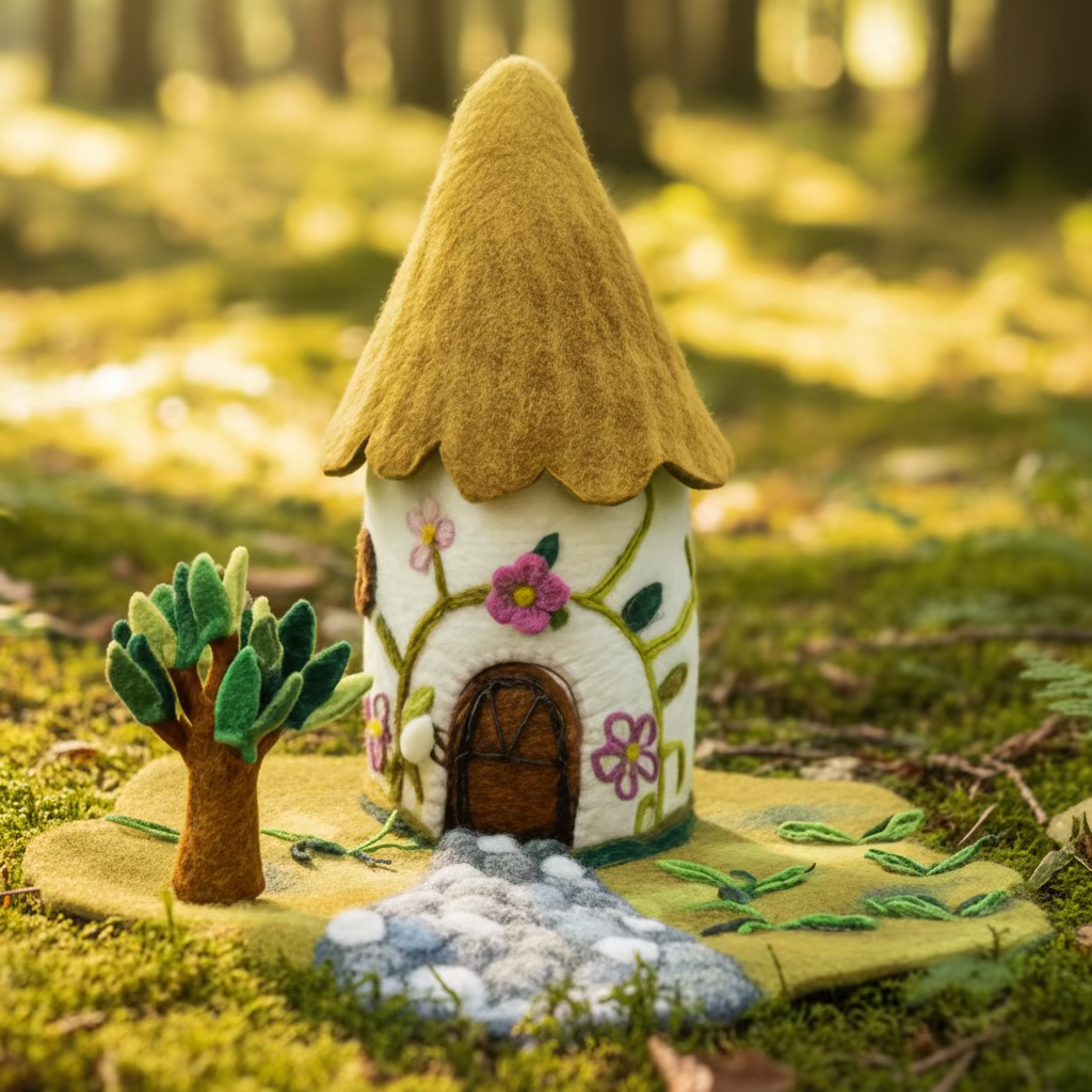 Felted cottage dollhouse with a stone path and a finger puppet tree