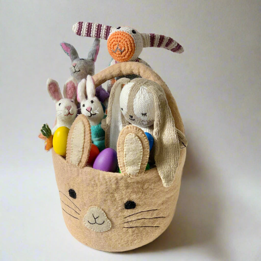 fair trade felt easter basket with plush bunny toys, finger puppets and erzi wooden eggs