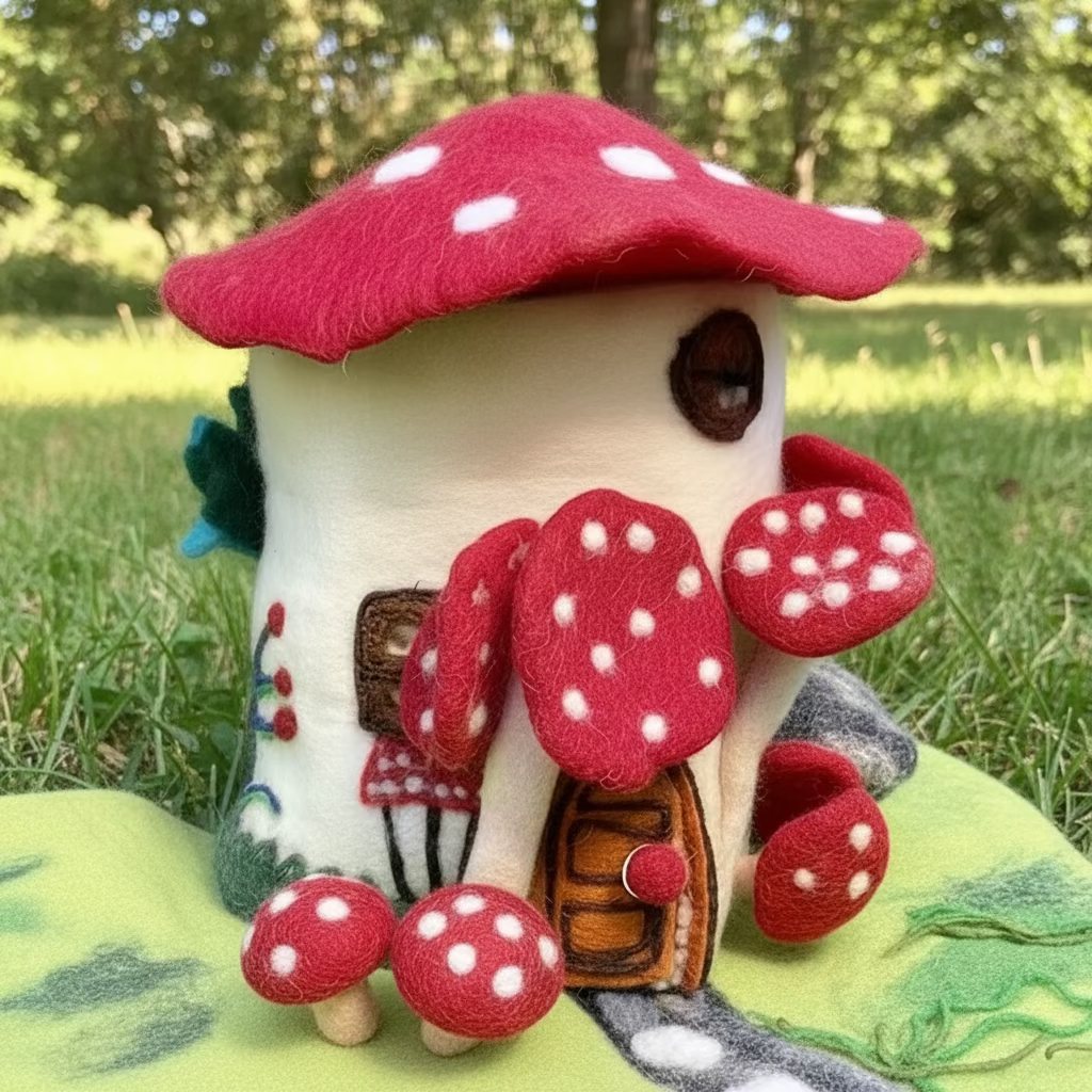 Felt mushroom-shaped dollhouse with red cap and white spots, sitting with a forest setting playscape