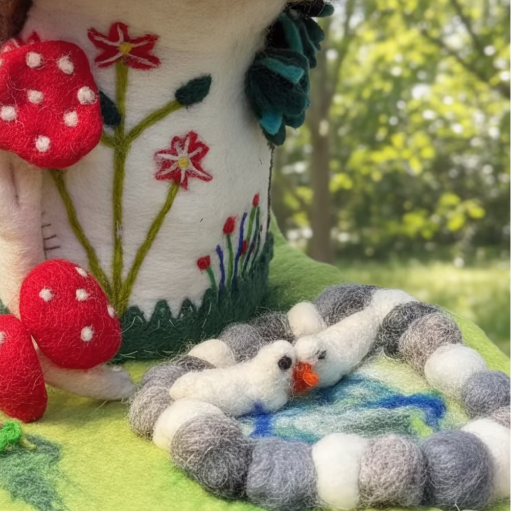 Felted Mushroom Fairy House with  garden scene with a mushrooms, and pond with birds.