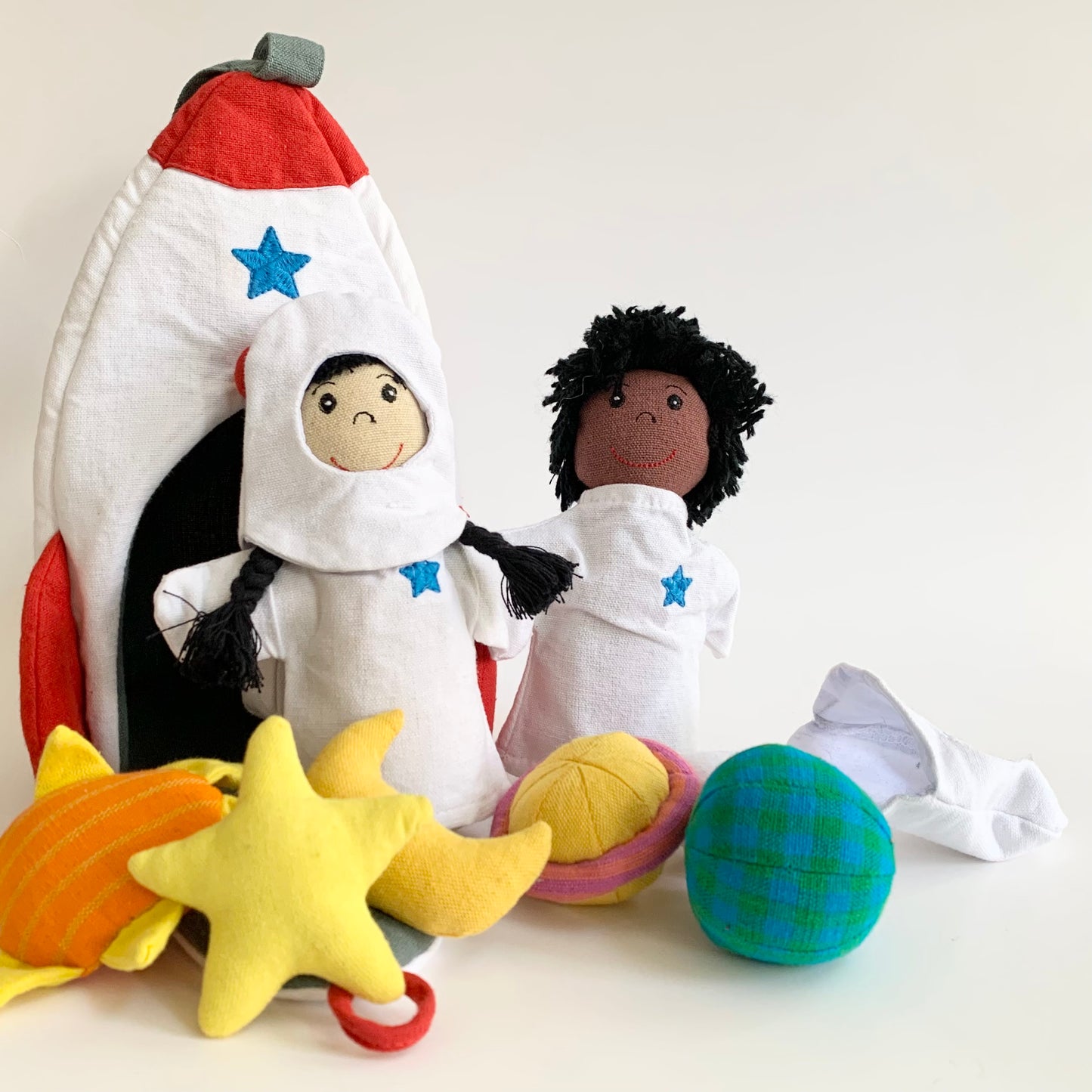 Handmade astronaut dolls and rocket ship