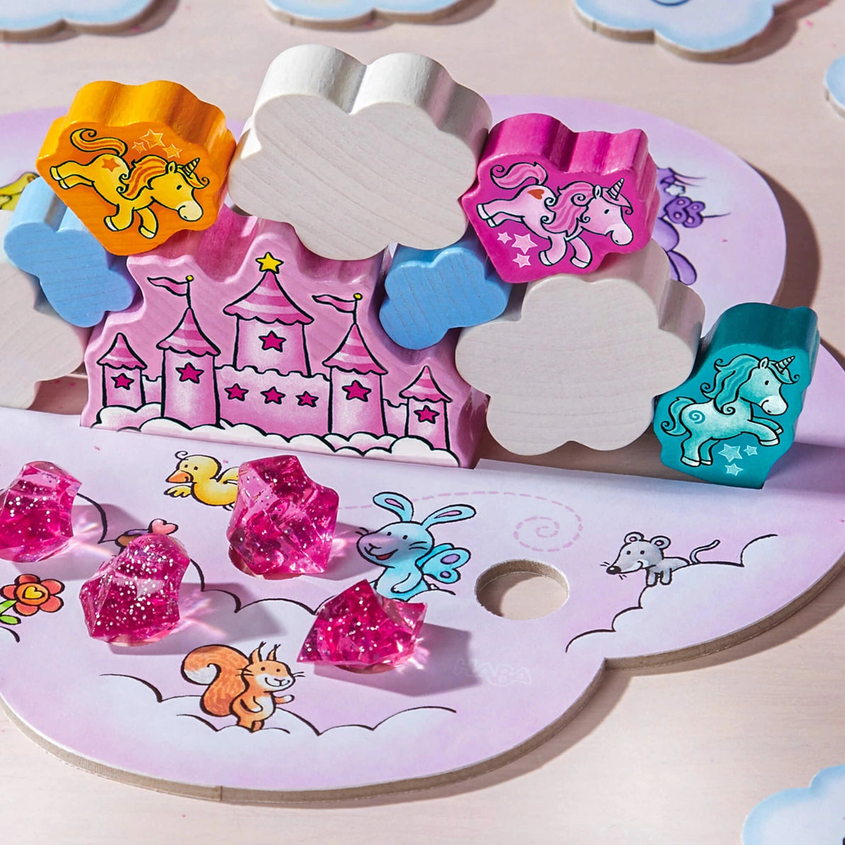 Haba Glitterluck Children's board game with castle, unicorns, clouds and pink crystals playing pieces