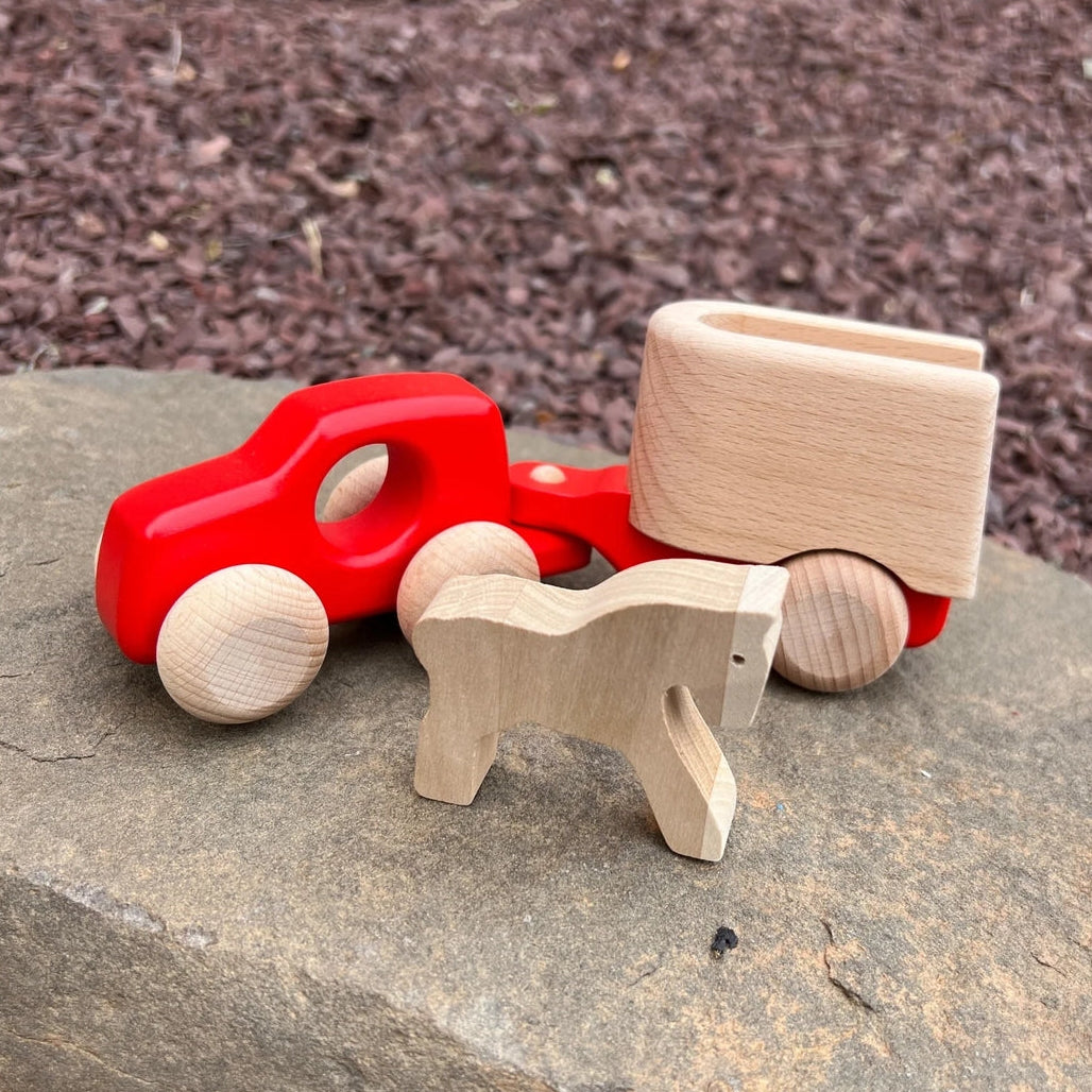 Baho Wooden Red Toy Car with Horse and Trailer