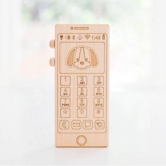 Bannor Toys natural Wooden toy phone with keypad and a puppy screen saver