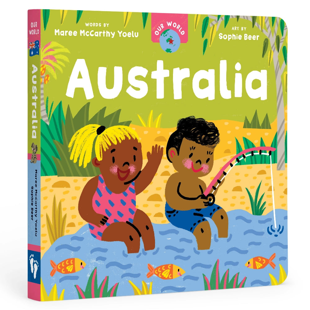 Barefoot Board Book of 'Our World: Australia' featuring two children fishing in the Australian landscape.