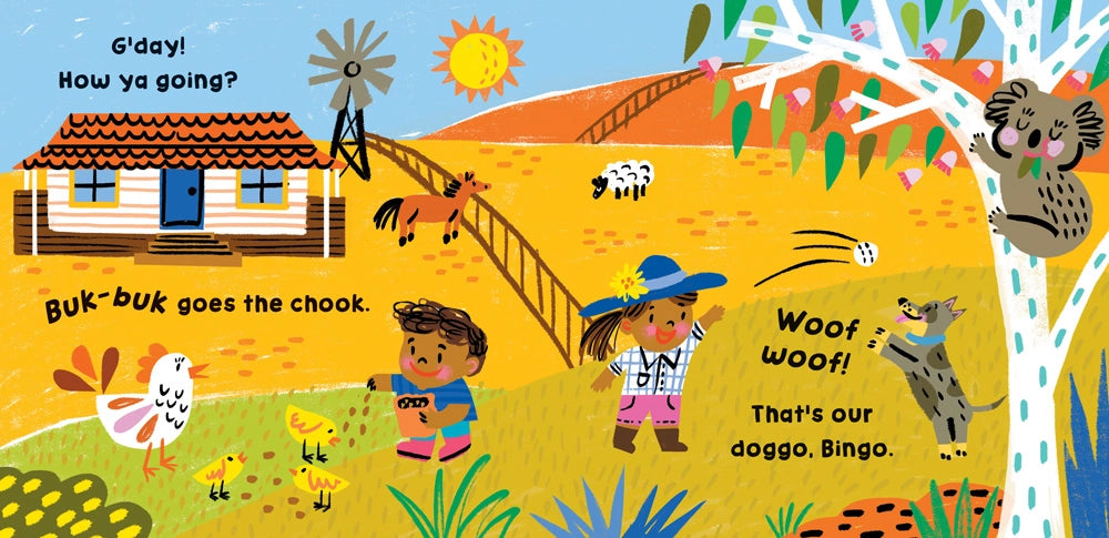 Our World: Australia Illustrated children's board book page with animals and children on a farm.