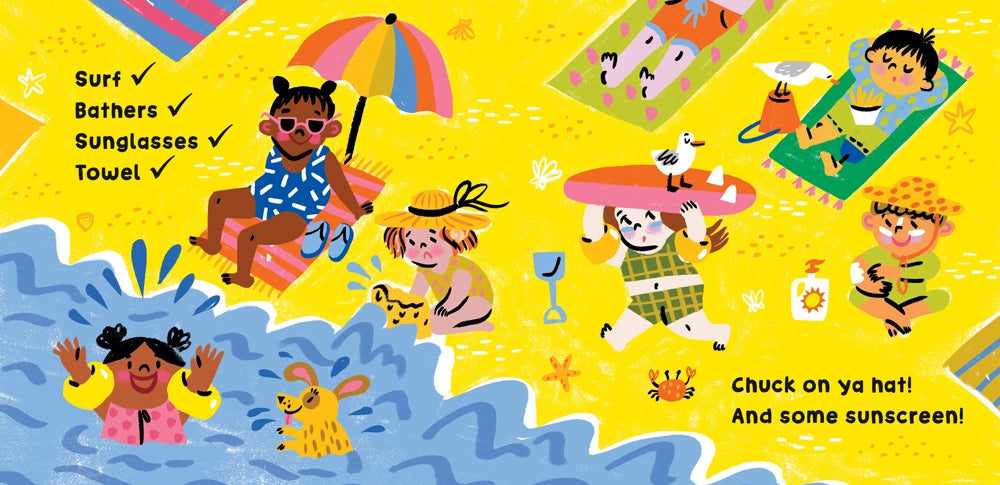 Our World Australia Illustrated children's board book page featuring children on a beach 