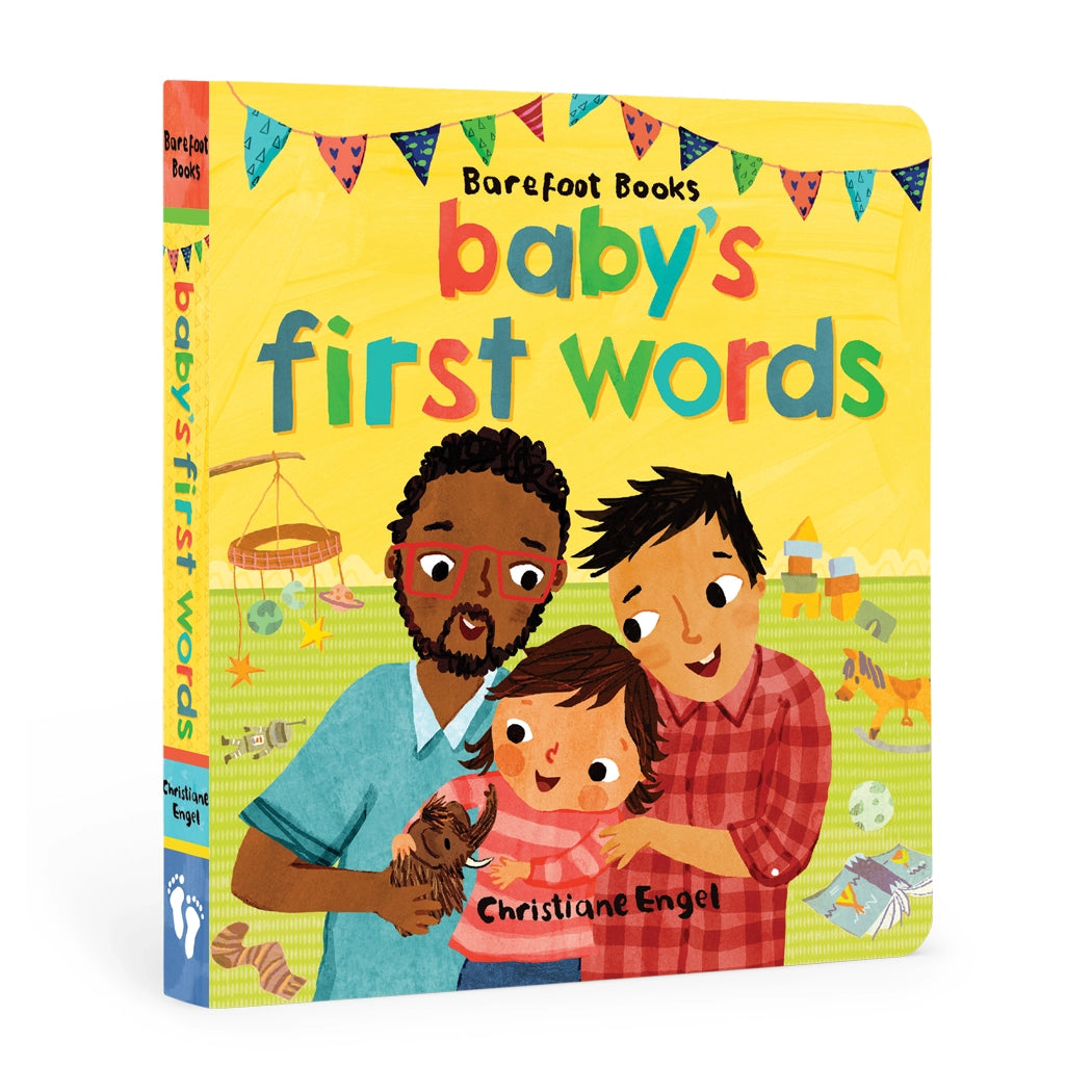 Baby's First Words Board Book illustrated cover with baby and LGBTQ dads.
