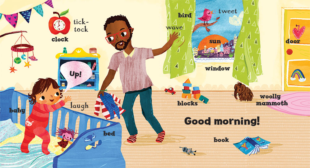 Baby's First Words book illustrated page with a dad and toddler in a bedroom, featuring vocabulary words and images.