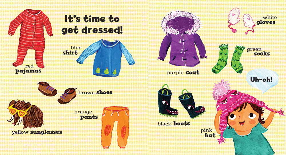 Baby's First Words book Illustrated clothing items with vocabulary words and a child