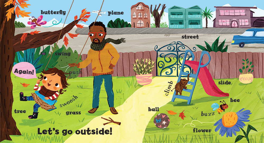Baby's First Words Illustration of a child and Dad playing in a park with vocabulary words 