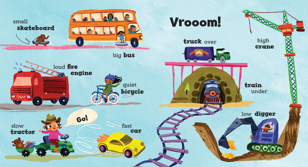 Baby's First Words book illustration of various vehicles with vocabulary words. 