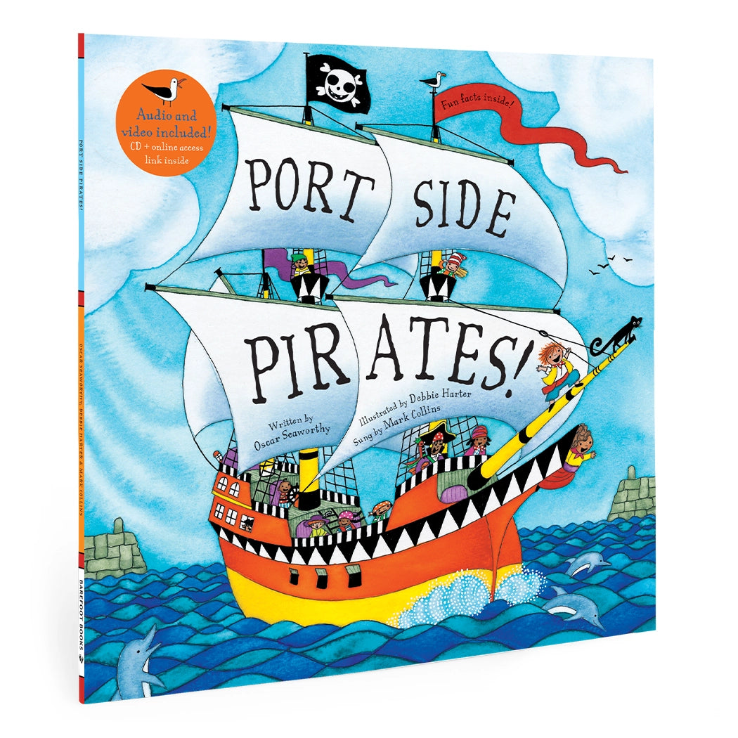 Children's book Port Side Pirates with a colorful pirate ship at sea illustration