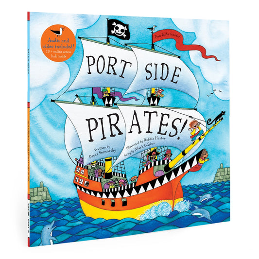 Children's book Port Side Pirates with a colorful pirate ship at sea illustration
