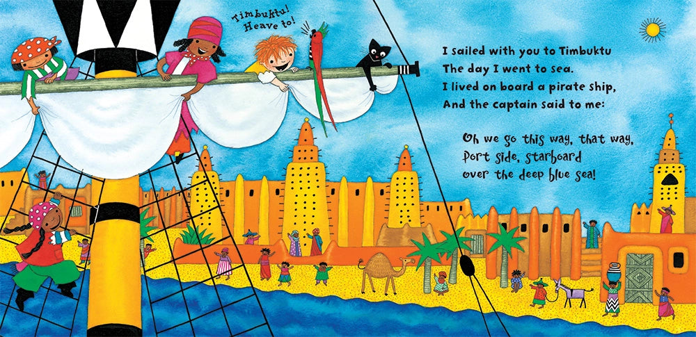 Portside Pirates Illustrated book page with a pirate ship and cityscape, featuring children
