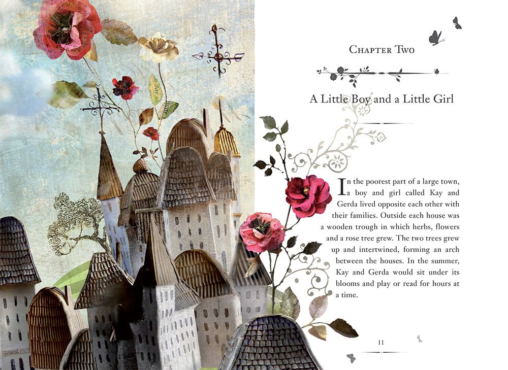 The Snow Queen illustrated book page with a castle and flowers