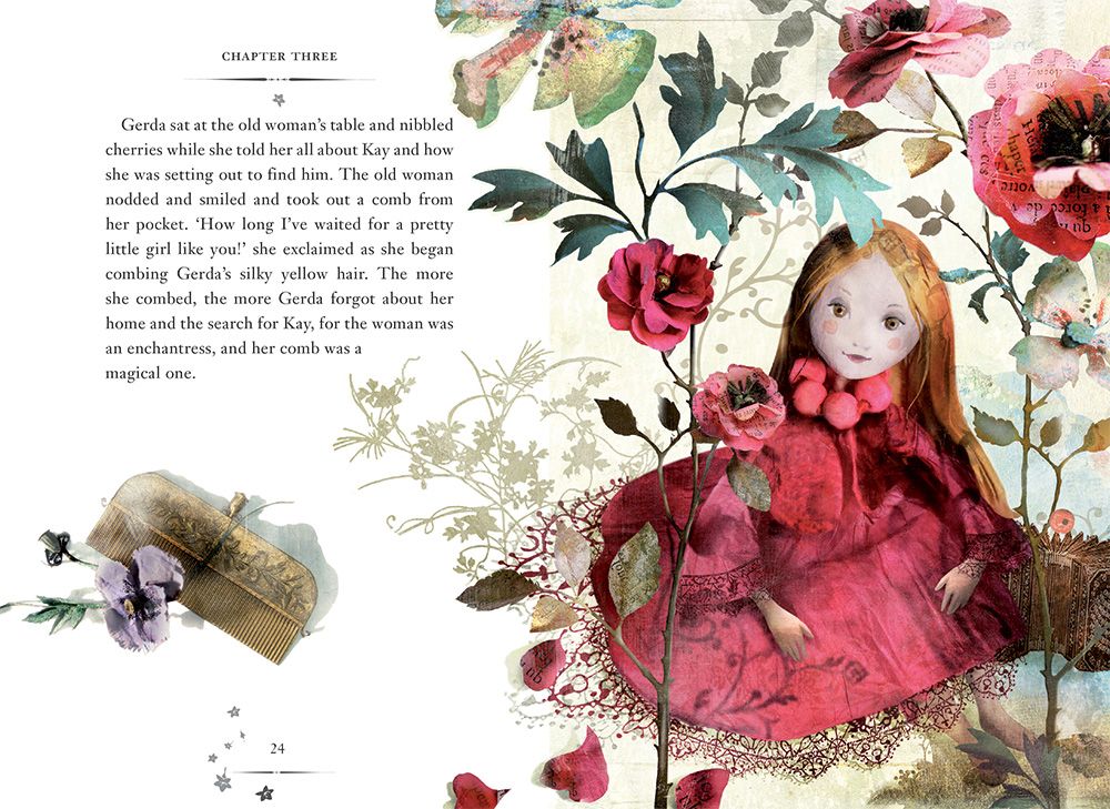 The Snow Queen children's chapter book illustrated page with a girl in a red dress surrounded by flowers.