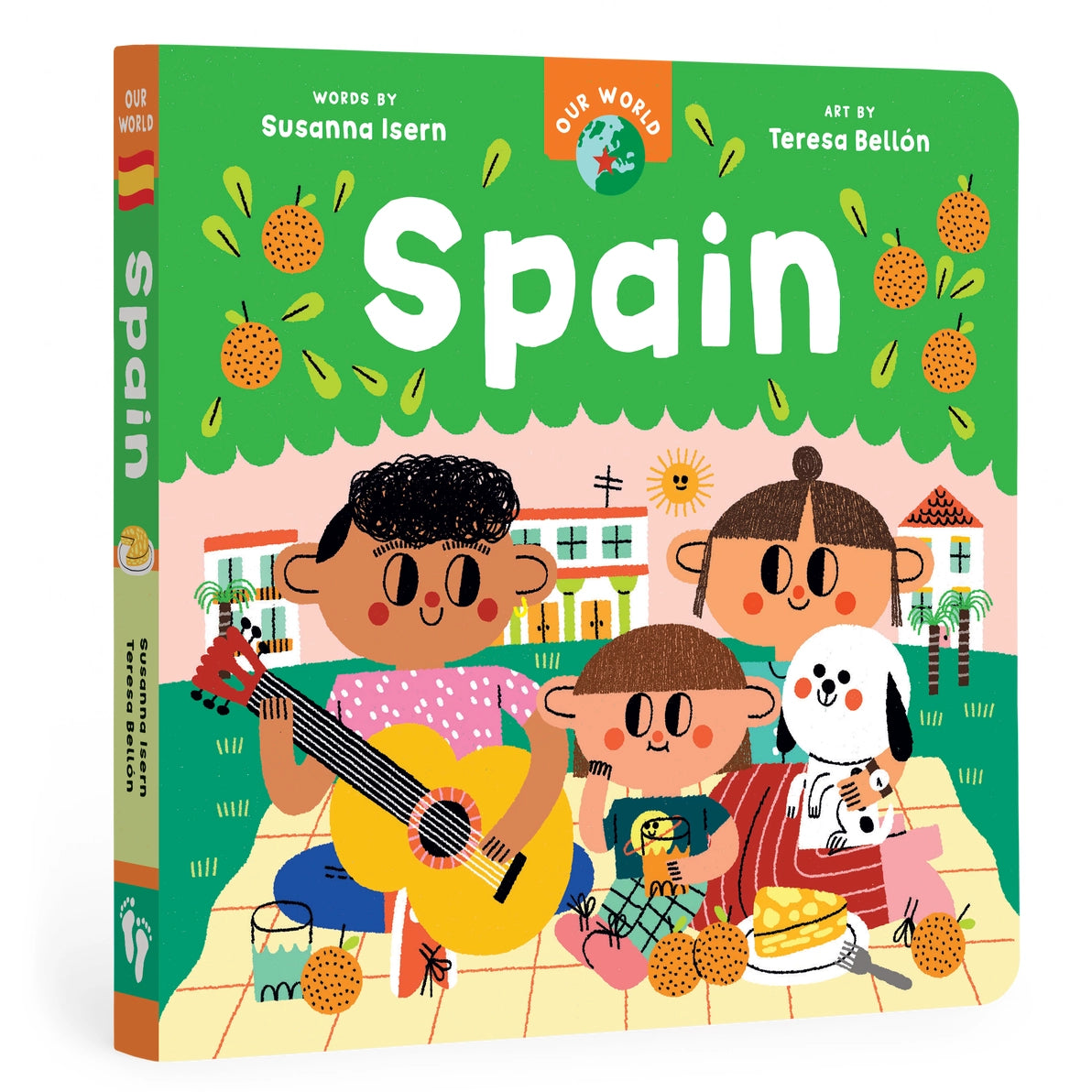 Barefoot Board Book for babies, toddlers and young children: 'Our World Spain' with colorful illustrations of children and a dog