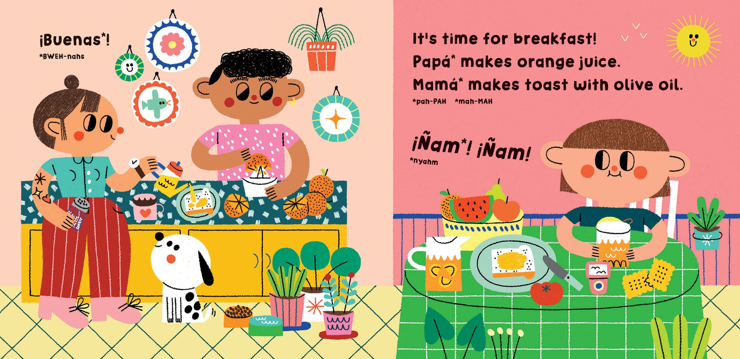 Illustrated children's board book page from Barefoot Books 'Spain' with two children and a dog in a kitchen, and another child at a breakfast table.