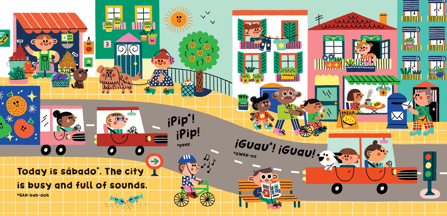 Children's Barefoot Books 'Spain' board book illustrated city scene with children and animals on a sunny day.