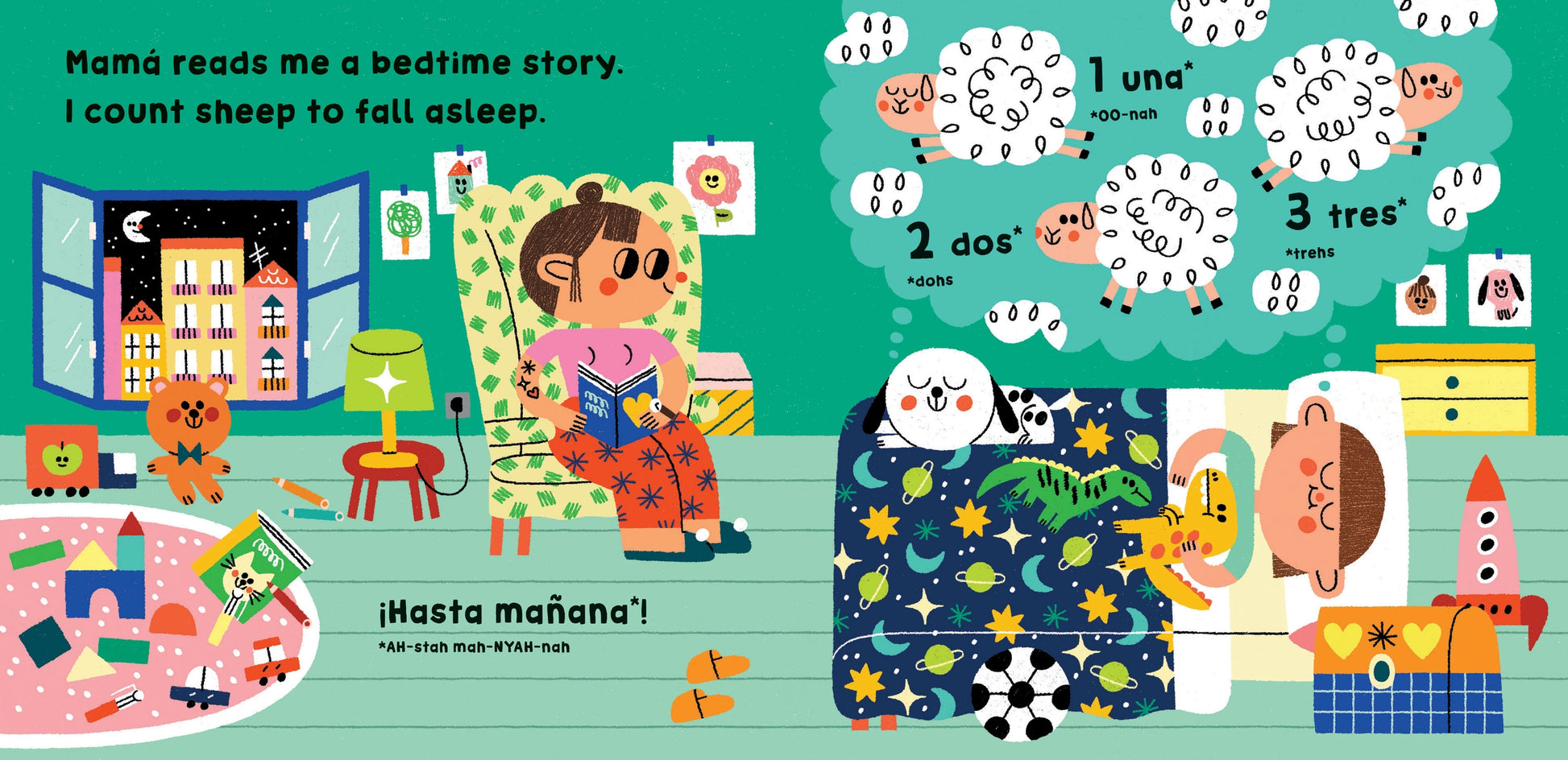 Children's Barefoot Books Our World" Spain illustrated page with a child reading a bedtime story to animals, featuring numbers and sheep. 