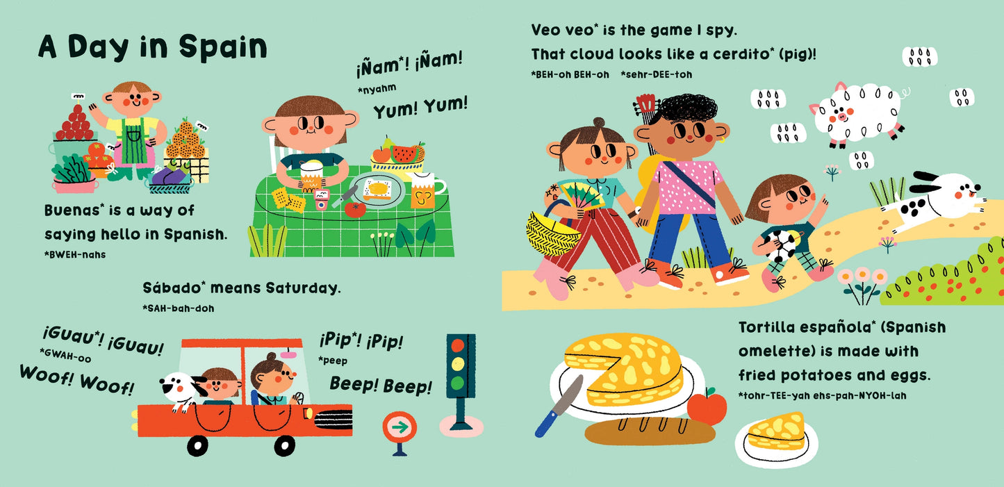 Illustrated children's board book page from Our World: Spain about a day in Spain with various activities and food.