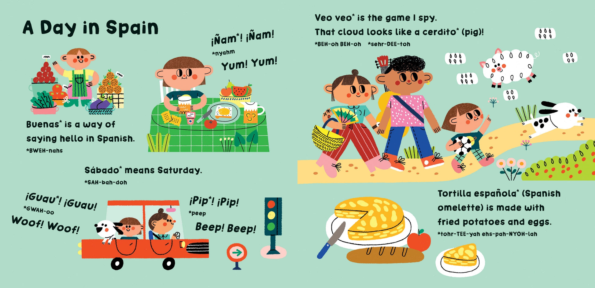 Illustrated children's board book page from Our World: Spain about a day in Spain with various activities and food.