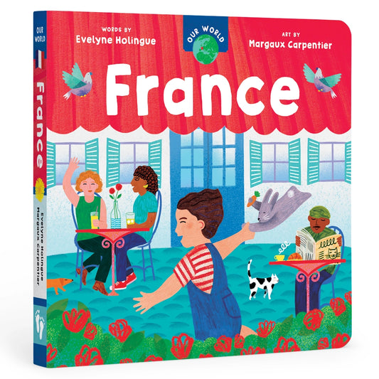 Barfoot Books Our World France Board Book with a French child on the cover at an outdoor cafe. 