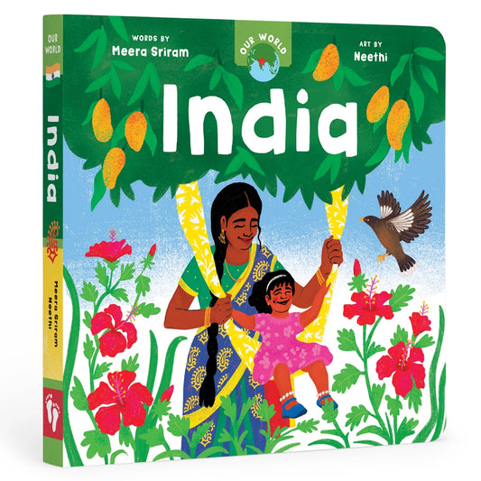Barefoot Books Our World India Board book with an indian and mother and daughter surrounded by fruit trees and flowers on the cover.  
