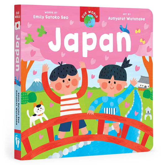 Our World Japan Board Book with two Japanese kids on a bridge on the cover. 