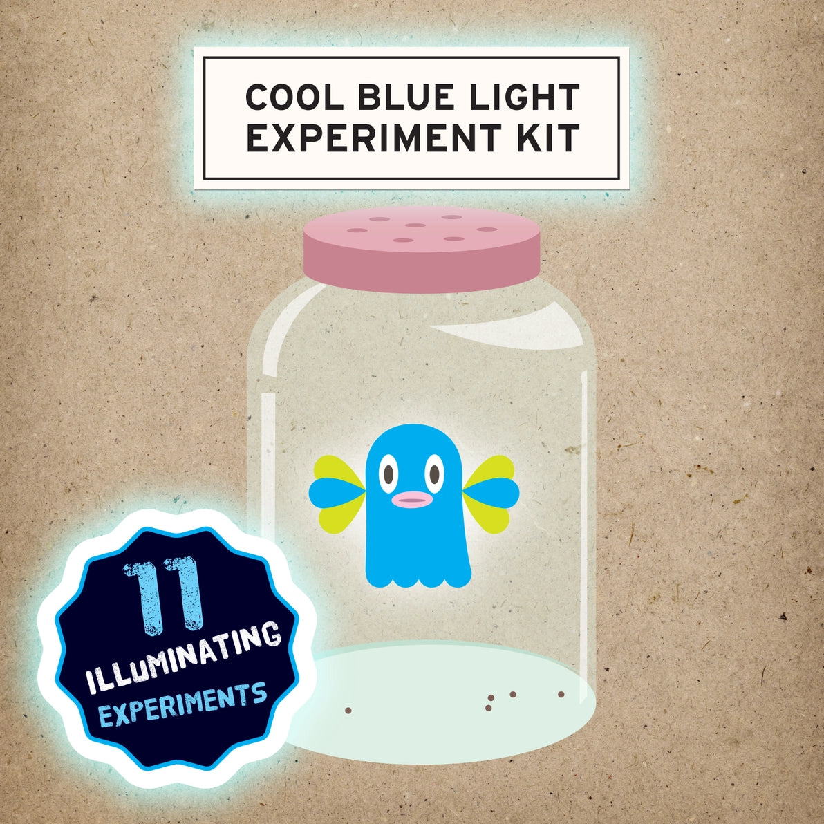 Cool blue light experiment kit with a cartoon character inside a jar