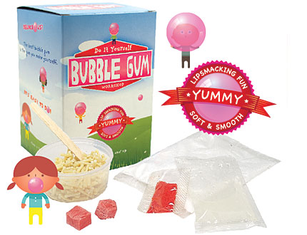 DIY Bubble gum making kit with box, bubble gum pieces, and a ingredients