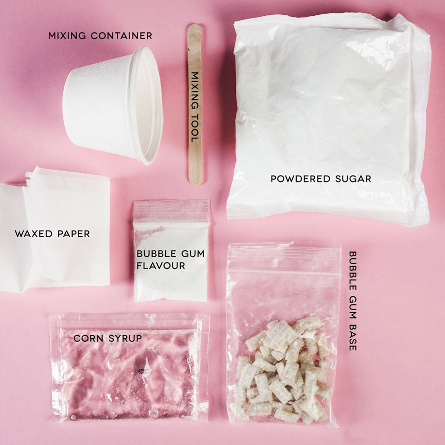 Ingredients and tools for making bubble gum 