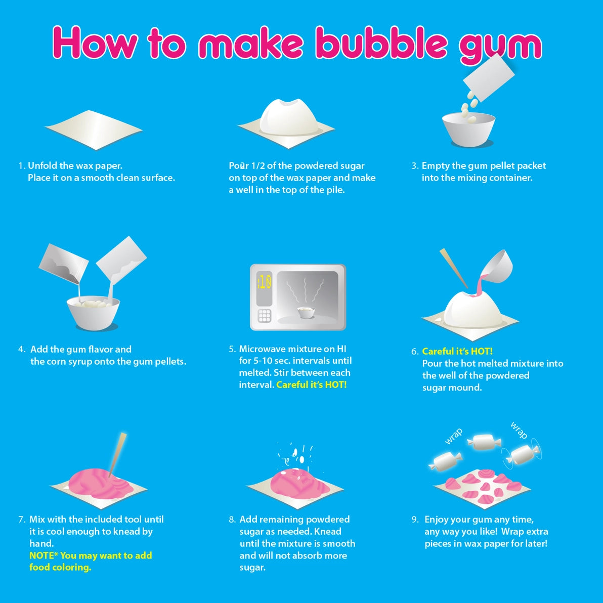 Step-by-step guide on how to make bubble gum with illustrations and text.