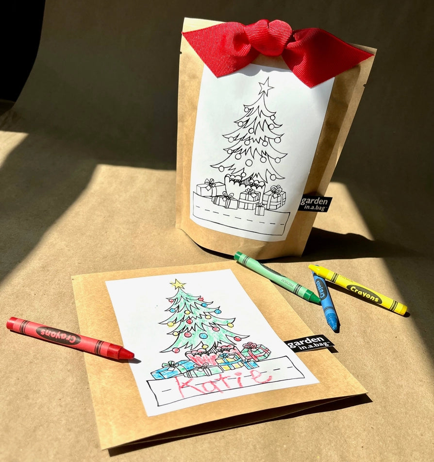 A grow bag with a red ribbon and a printed Christmas tree for coloring and crayons.