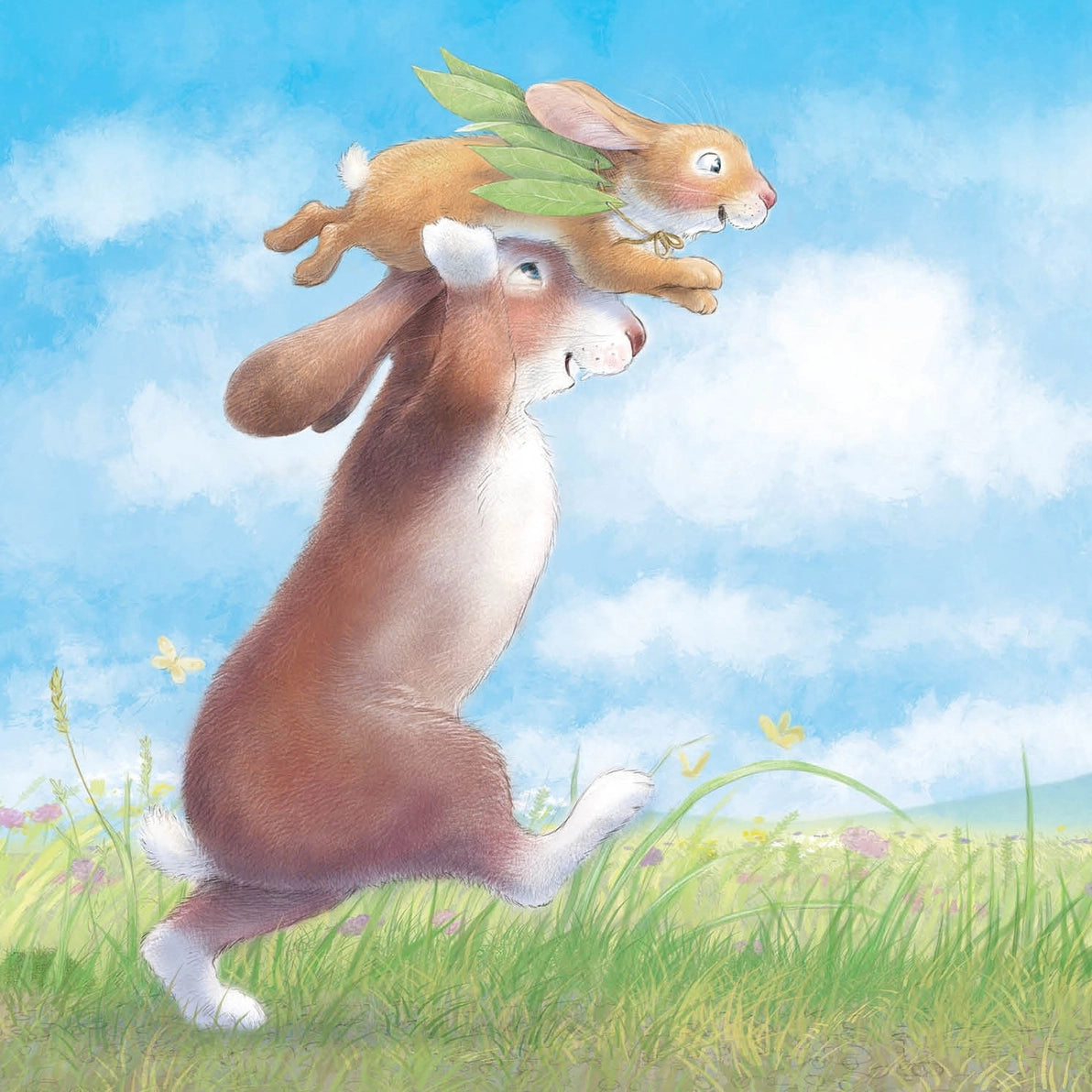 Daddy Loves You Children's book Illustrated page of a daddy rabbit carrying a child rabbit over his head in a meadow.