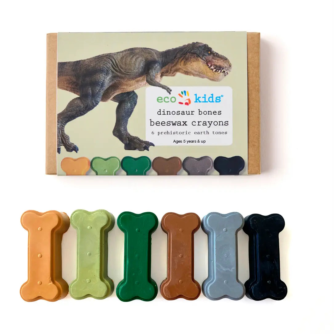 Box of eco kids dinosaur bones beeswax crayons in earthtone colors