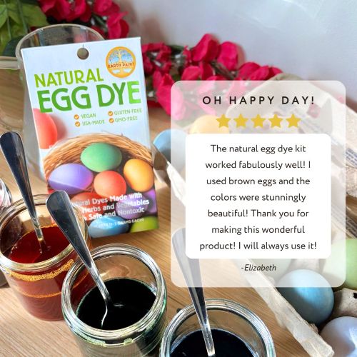 Natural egg dye kit with jars of dye and a five-star review card.