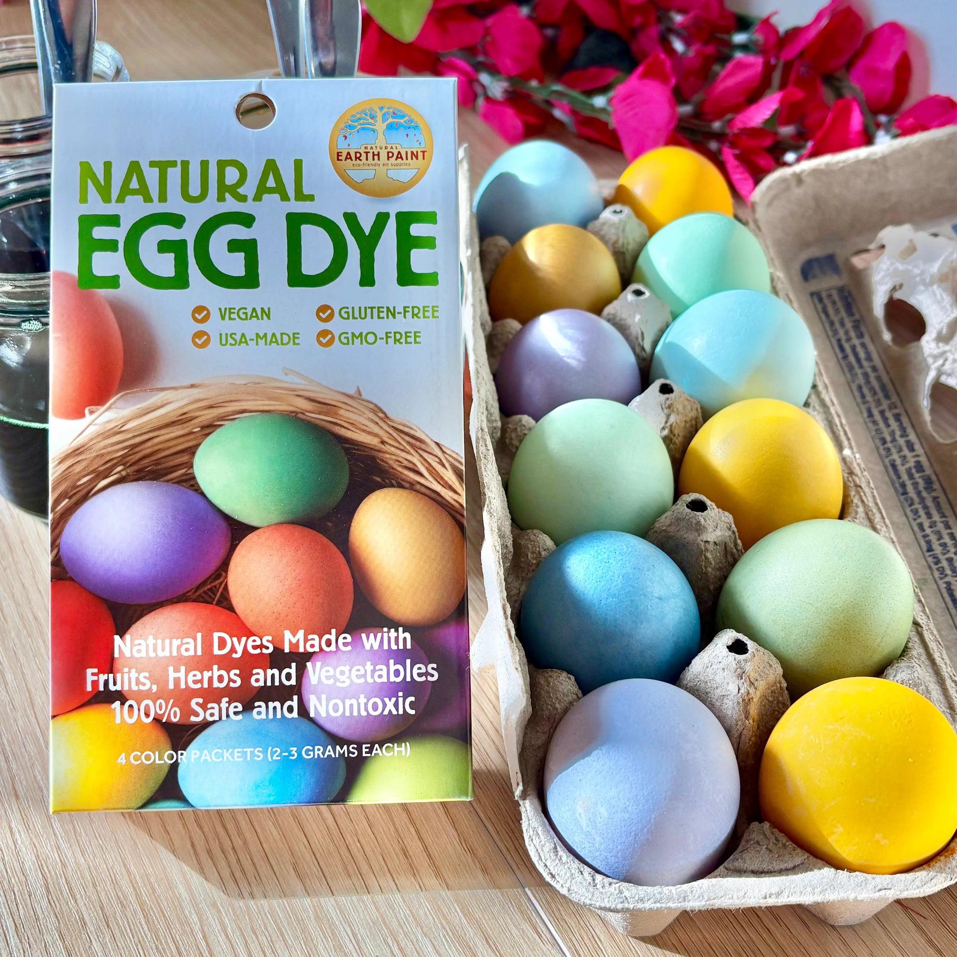 Natural Easter egg dye kit with colorful eggs 