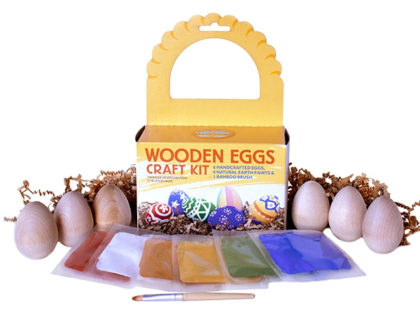 Natural Earth Paint craft kit with wooden Easter eggs, paint packets and bamboo paintbrush