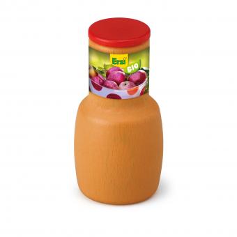 Erzi wooden jar of apple juice with a red lid and a colorful label showing apples.