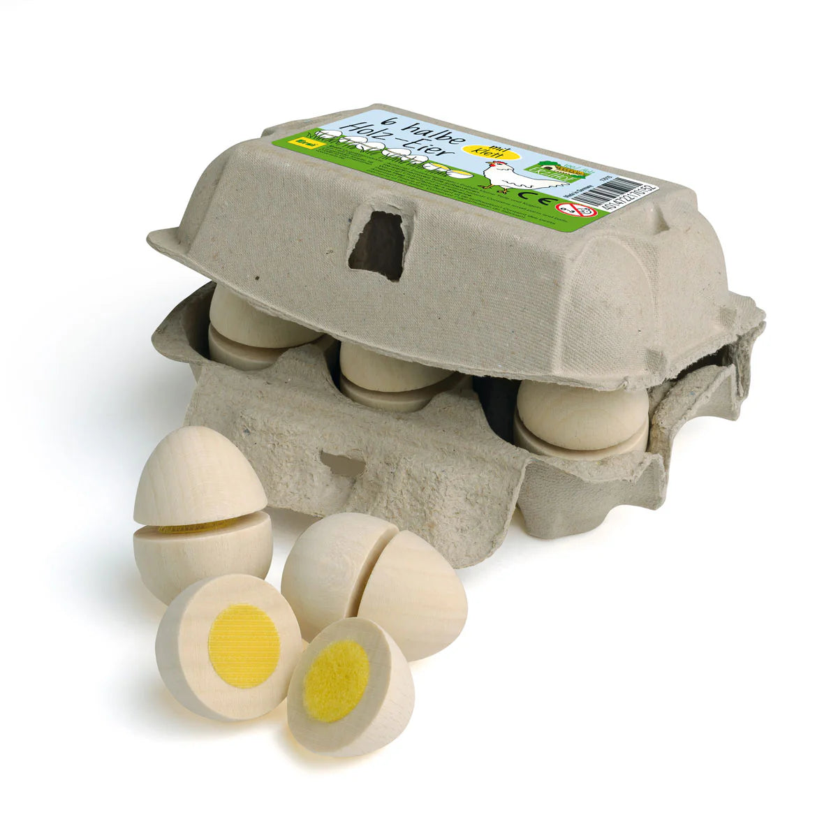 carton or 6 erzi toy wooden eggs to cut, showing one egg sliced with velcro yolk