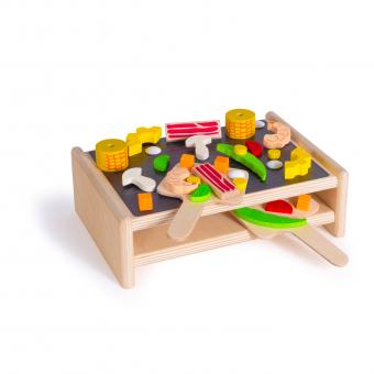 Erzi Wooden Toy Raclette Grill set with pans and play food including shrimp, bacon, mushrooms, cheese and vegetables. 
