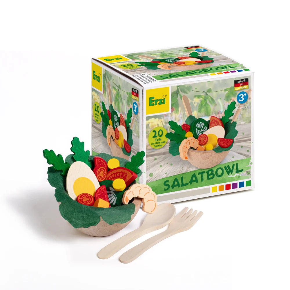 Erzi wooden toy salad bowl set with plat food vegetables and a spoon and fork.