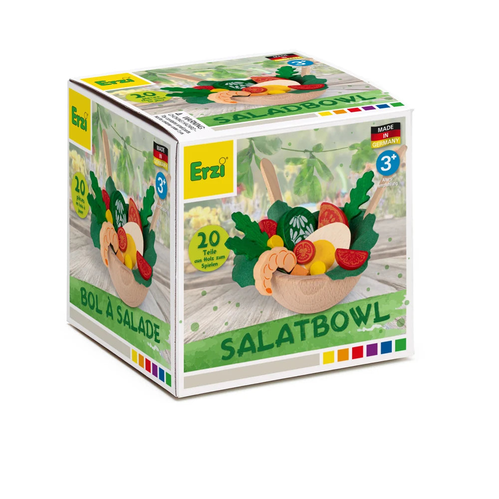 Box of Erzi wooden toy salad bowl with play food vegetables and a spoon and fork. 