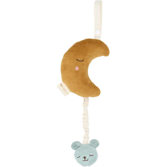Fabelab Organic Plush moon and bear musical mobile with a gold crescent moon and blue sleeping bear face 