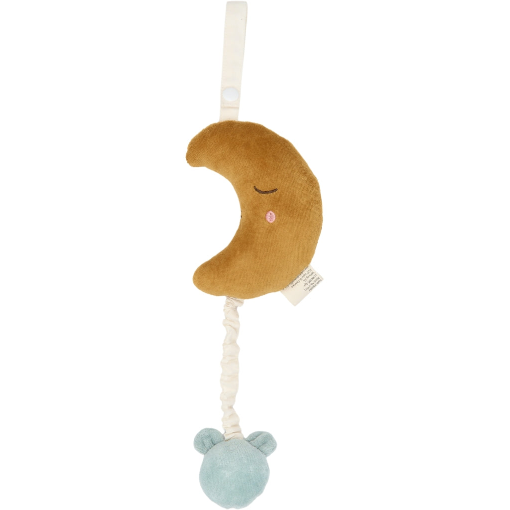 Organic Plush Bear Moon mobile with a gold crescent moon and a blue bear