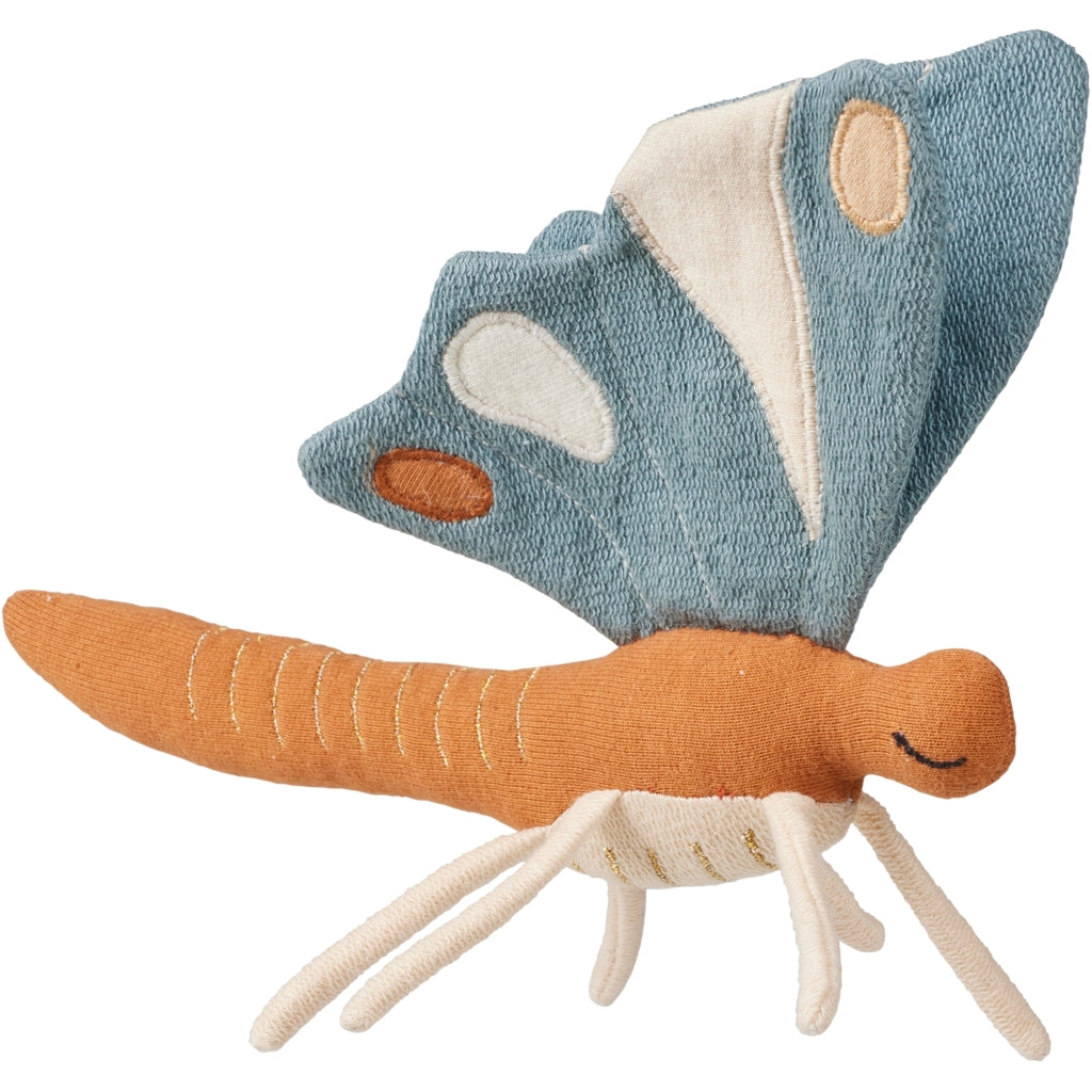 Organic Plush butterfly baby rattle toy with blue crinkle wings 